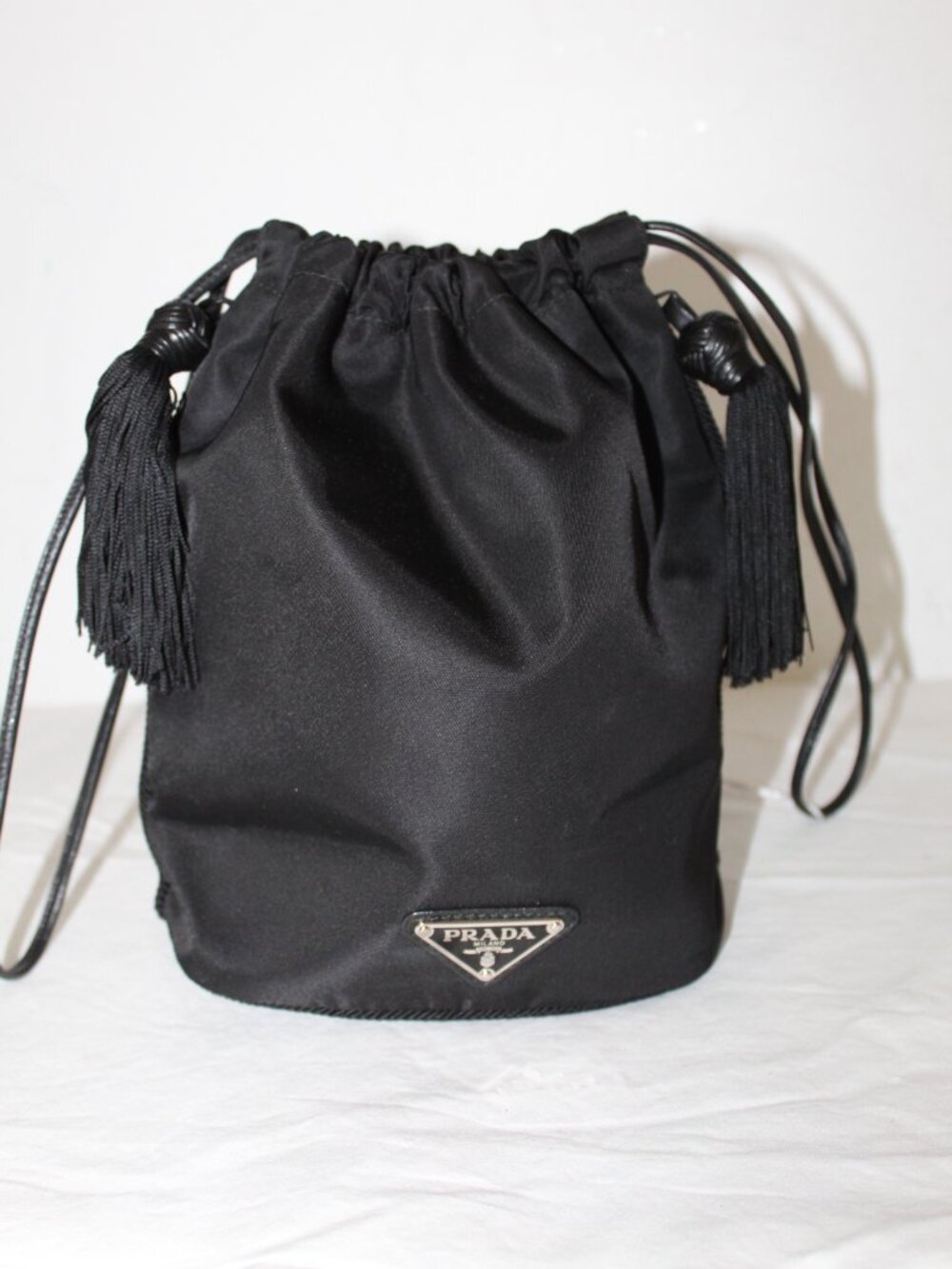 Prada Drawstring Pouch Handbag Black with Tassels RE-Nylon Bag